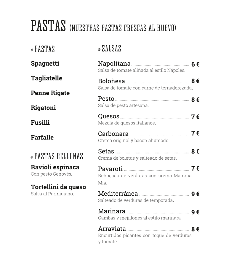 carta menú Mamma Mia Pizzería