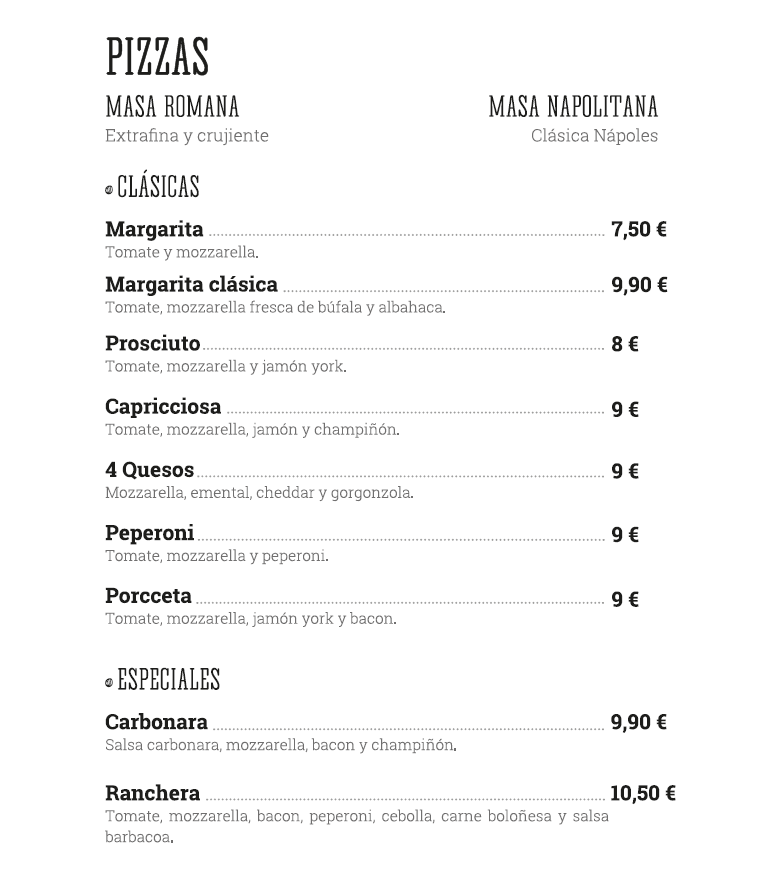carta menú Mamma Mia Pizzería