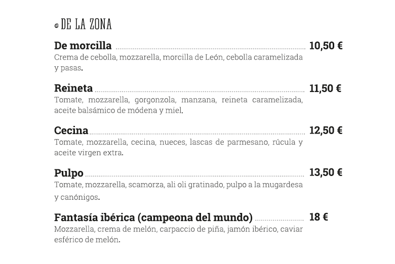 carta menú Mamma Mia Pizzería