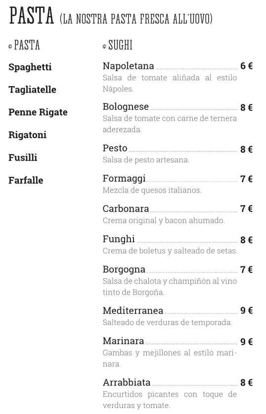 carta menú Mamma Mia Pizzería